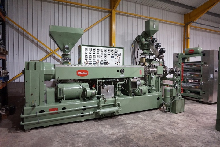 In Line Welex Coextrusion PS Line with Illig RDM 50K POT1 Cup Forming Machine with Mechanical Plug, RS75B Skeletal Grinder, Illig Stacker, 125mm Max Draw (1988)