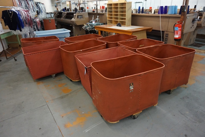 Cyndrical Storage Bins (5) Approx, Wheeled Storage Bins (9) approx, 4 Wheeled Bin Trolley