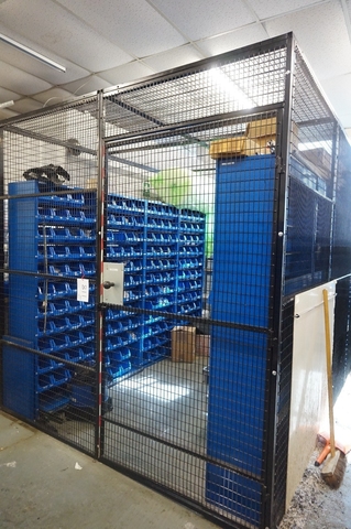 Metal Cage, (9) x Shelves with Storage Boxes