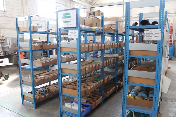 Three Racks Containing Electrical Spare Parts