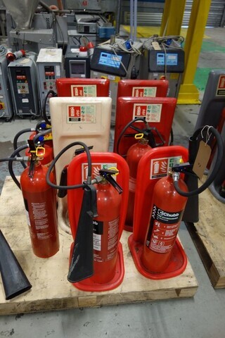 Various Fire Extinguishers ; on (2) Wooden Pallets