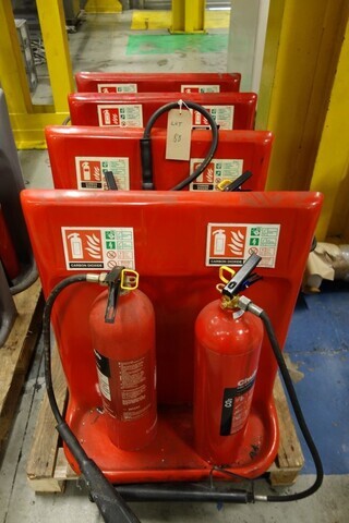 Various  Fire Extinuishers ; on Wooden Pallet