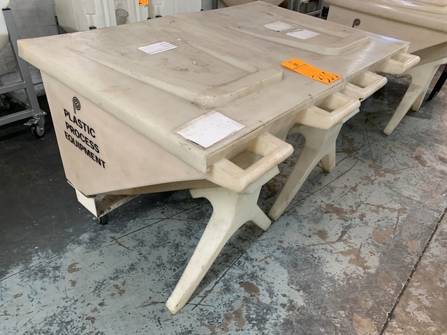 Lot of (2) Plastic Process Equipment MTB110 3 Cu Ft Poly Material Bins, 110 Lb Capacity