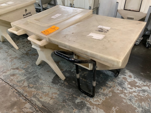 Lot of (2) Plastic Process Equipment MTB110 3 Cu Ft Poly Material Bins, 110 Lb Capacity