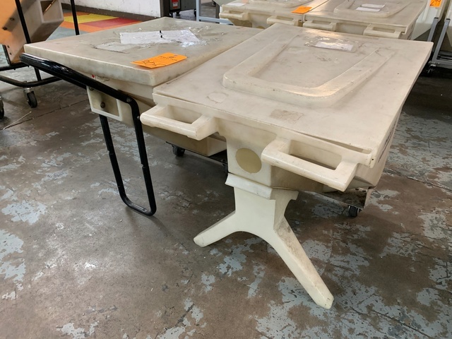 Lot of (2) Plastic Process Equipment MTB110 3 Cu Ft Poly Material Bins, 110 Lb Capacity