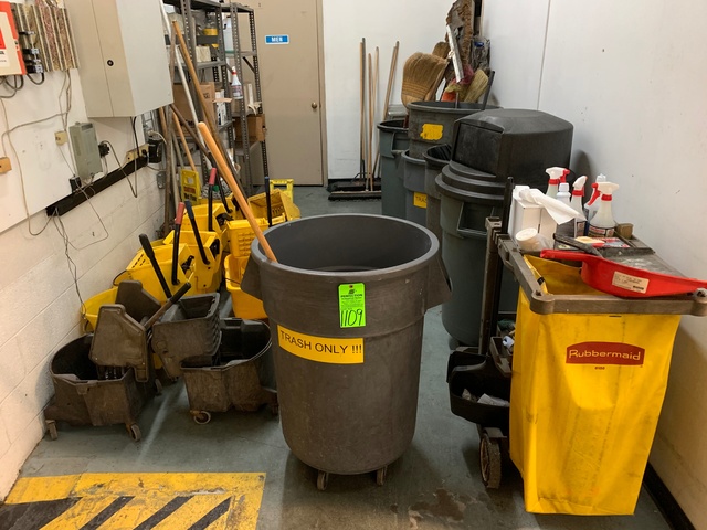Large Lot of Janitorial Supplies Including Trash Cans, Mop Buckets, Brooms and Push Brooms