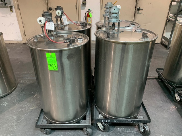 Lot of (4) Stainless Steel Mixing Drums w/ Pneumatic Mixers