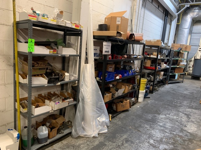 Lot of (4) Shelves of Maintenance Supplies Including Brass Valves, Casters, Pneumatic and Hydraulic Cylinders, Wire, Solenoids, Bearings and Plumbing Supplies