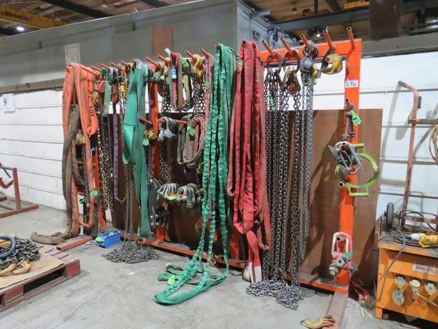 Rack with Large Qty of Lifting Equipment incl.  chains, Slings, Shackles