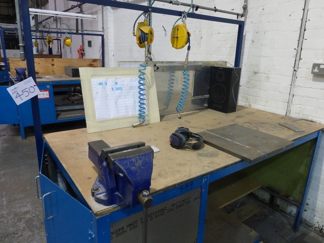 (4) Steel Framed Benches, (4) Vices, and (4) Universal Air Tool Balancers