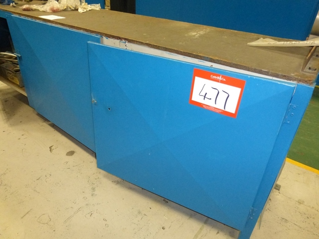 (7) Assorted Benches/Cabinets, (5) Vices, (2) Steel Cupboards, (3) Steel Racks, Creusen 6’’ Diameter