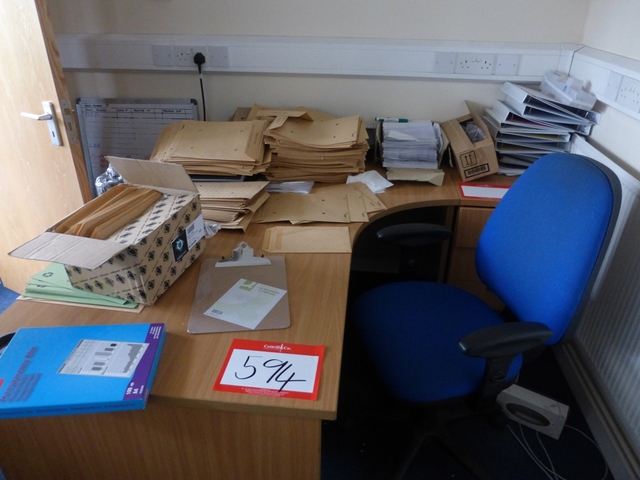 Wooden Veneer Desk, Wooden Veneered Side filer, Wooden Veneered Circular Table, (3) Upholstered chairs
