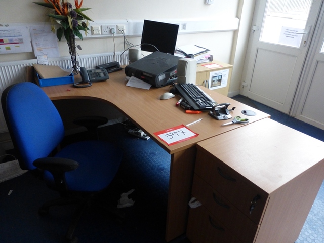 (2) Wood Veneered Desks, (1) Wood Veneered Side Filer, Wood Veneered Cabinet