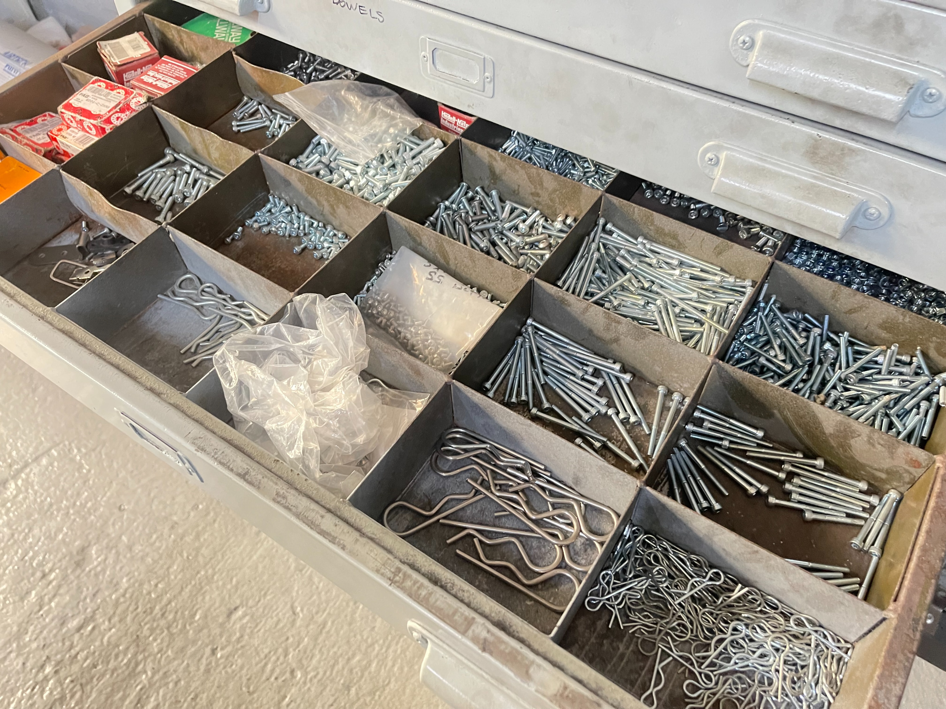 10 Drawer Mobile Cabinet with Qty of Dowels, Split Pins, Air Fittings, Cotter Pins, Springs and Bolts