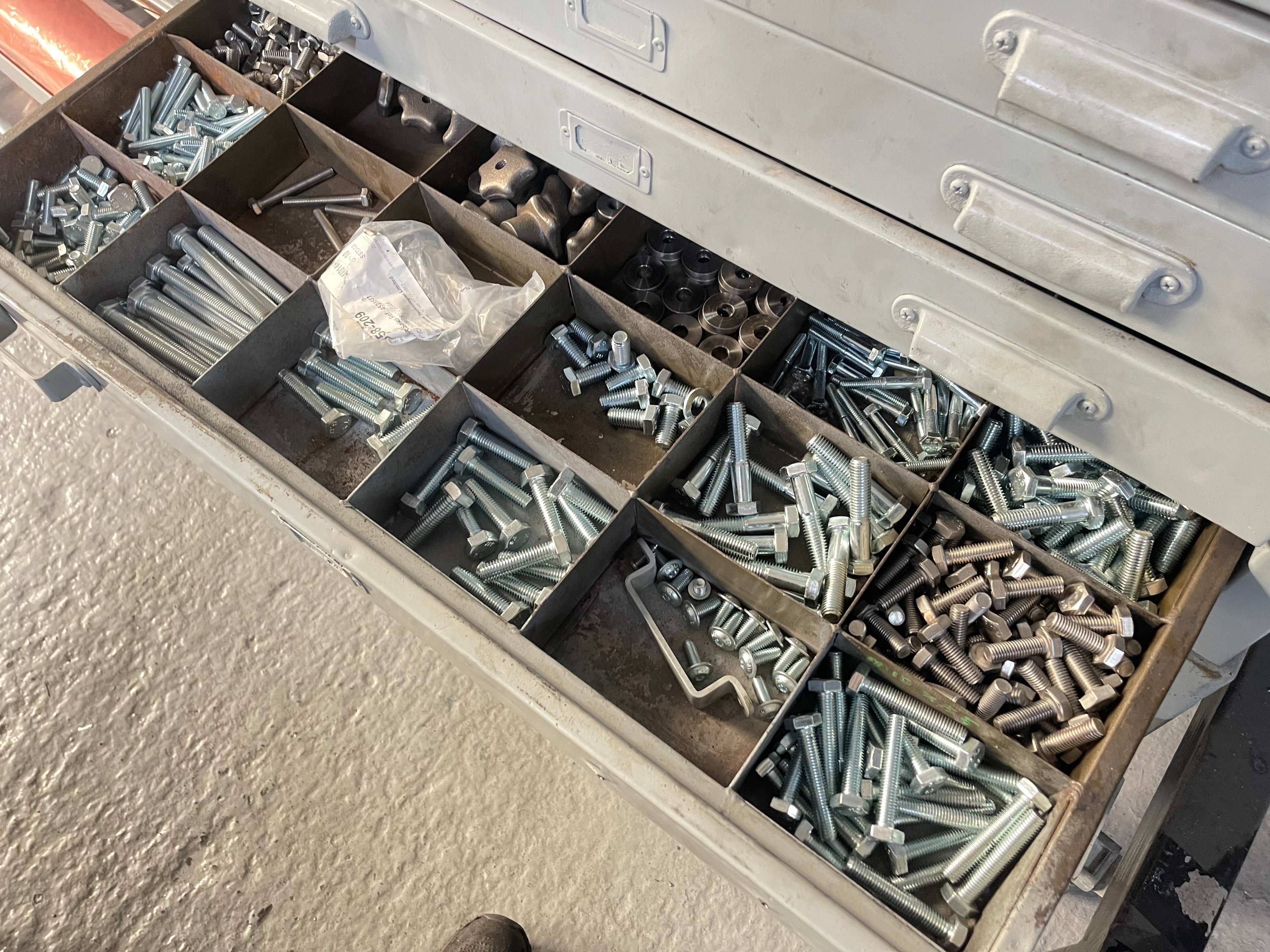 10 Drawer Mobile Cabinet with Qty of Dowels, Split Pins, Air Fittings, Cotter Pins, Springs and Bolts