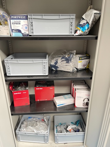 Cupboard with Qty of Gloves, Glasses, Ear Protectors and Masks