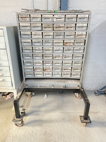 54 Drawer Mobile Cabinet with Qty of Various Size Bolts and Nuts