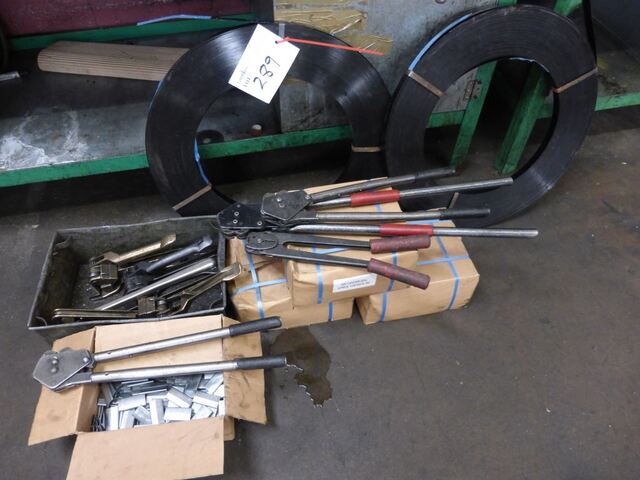 (3) Band Strapping Tools, (5) Crimpers, (2) Rolls Steel Banding and Qty of clips
