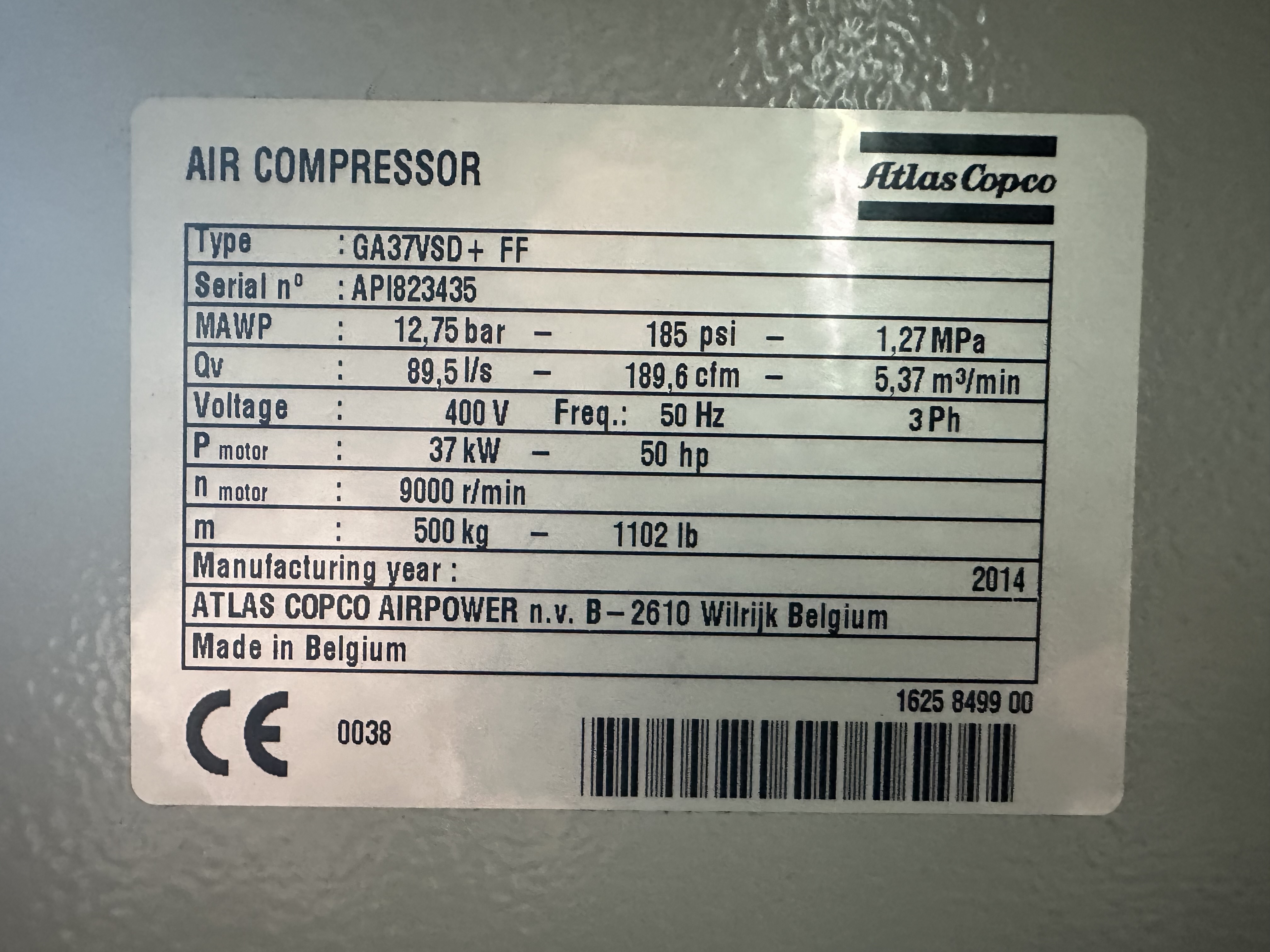 Atlas Copco GA37VSD+FF Rotary Screw Air Compressor (2014)