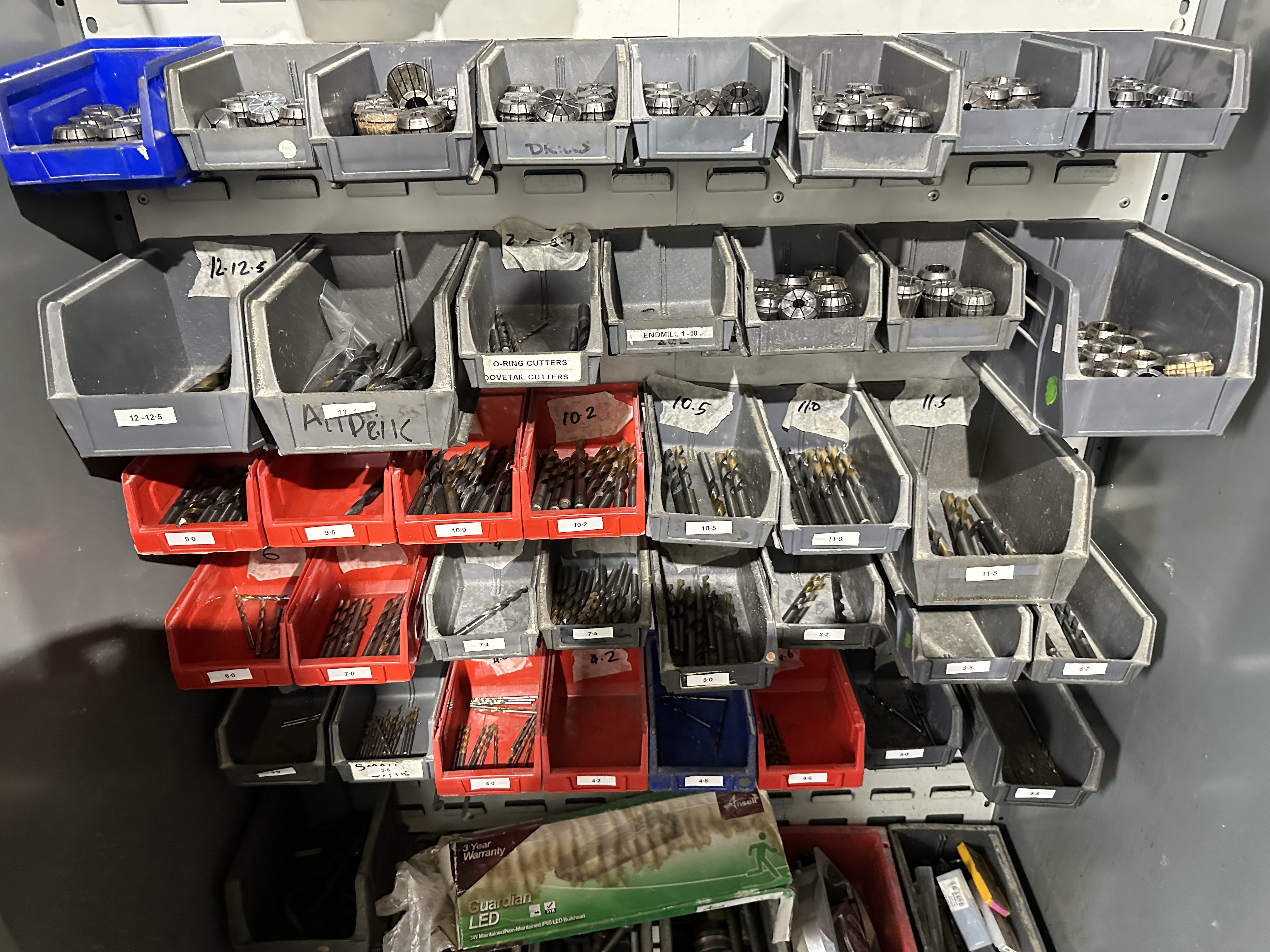 Various ER Collets, Drills & Cutters in 2 Door Cabinet Includes 6 Drawer Tool Cabinet