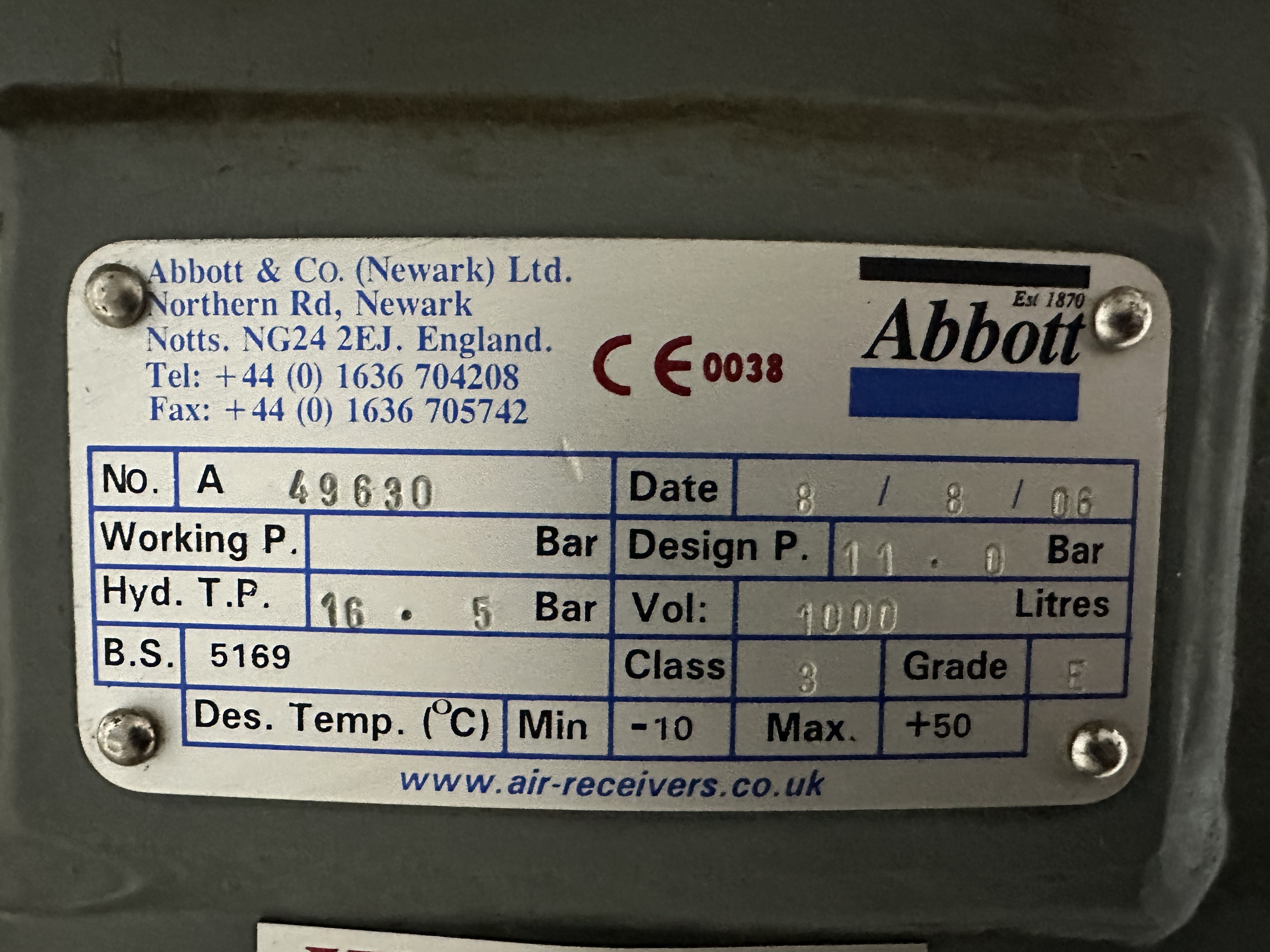Abbott 1000 litre Vertical Air Receiver. (2006)