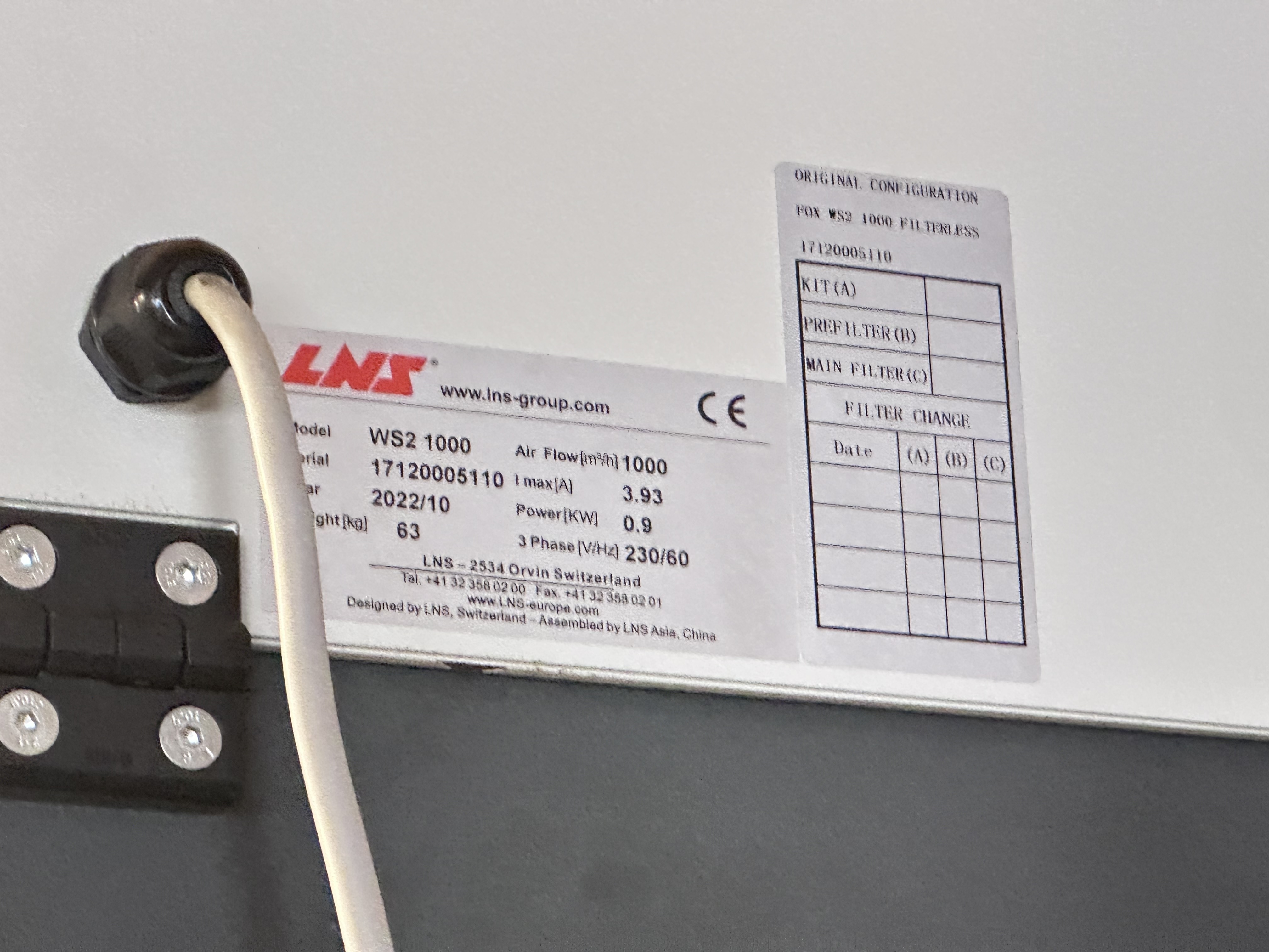 LNS Fox WS2 1000 Oil Mist Filter suitable for Bridgeport VMC 600 XP Vertical Machining Centre