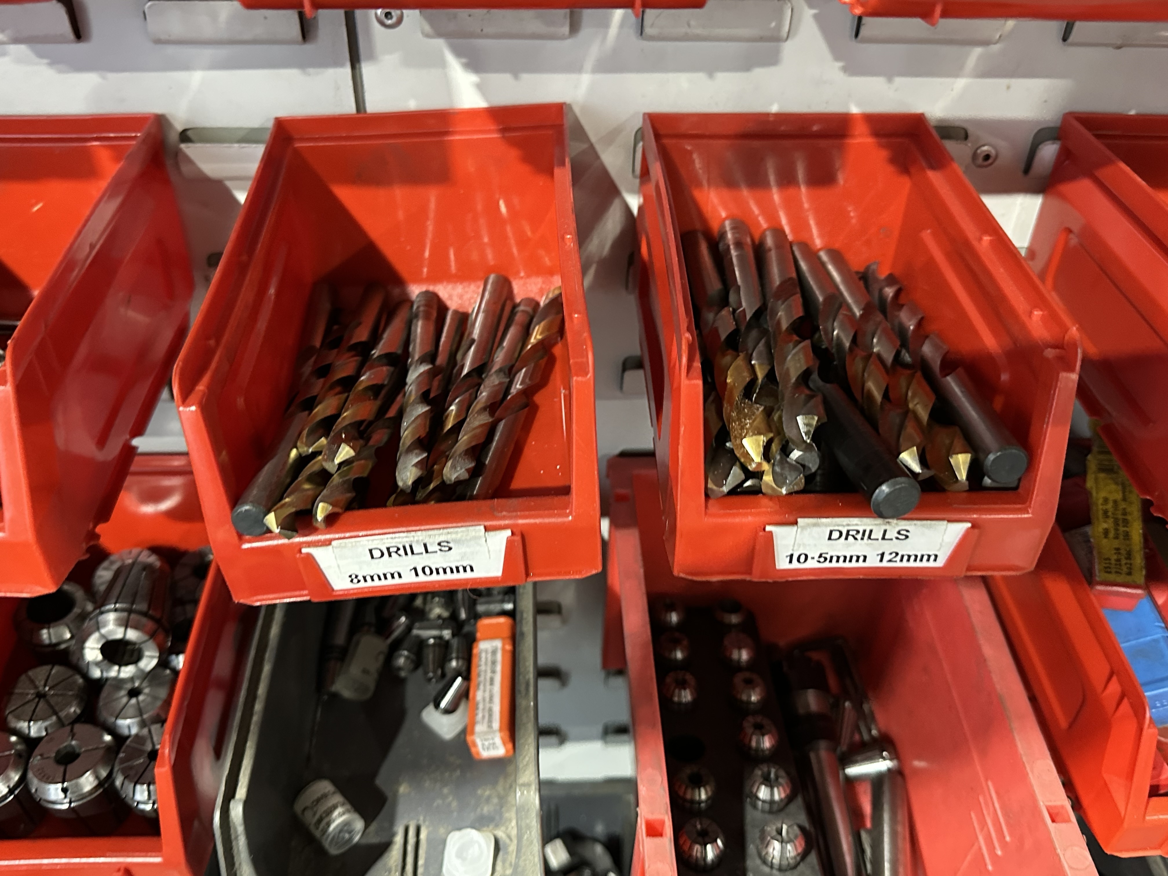 Various ER Collets, Drills & Cutters in 2 Door Cabinet