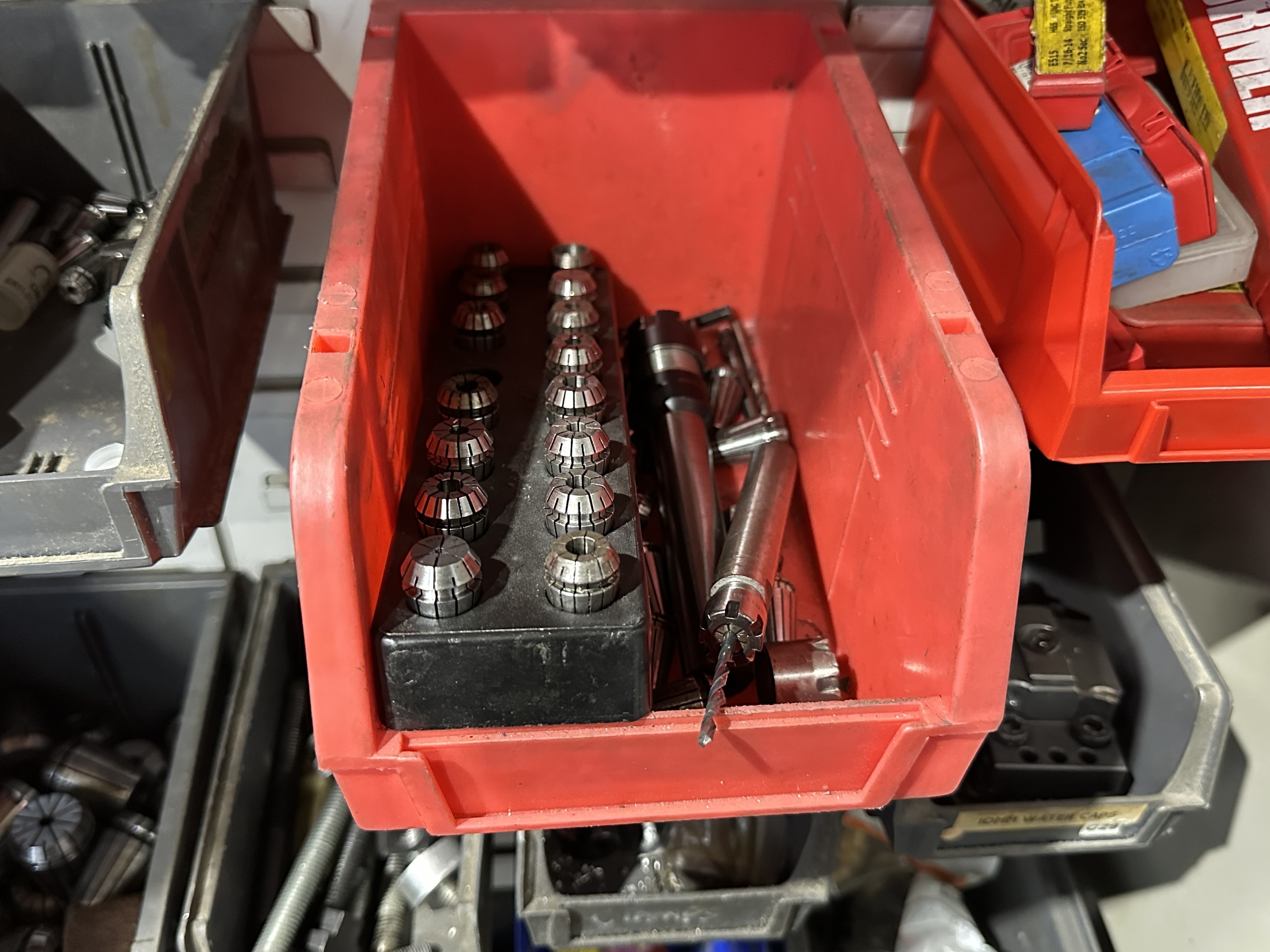 Various ER Collets, Drills & Cutters in 2 Door Cabinet