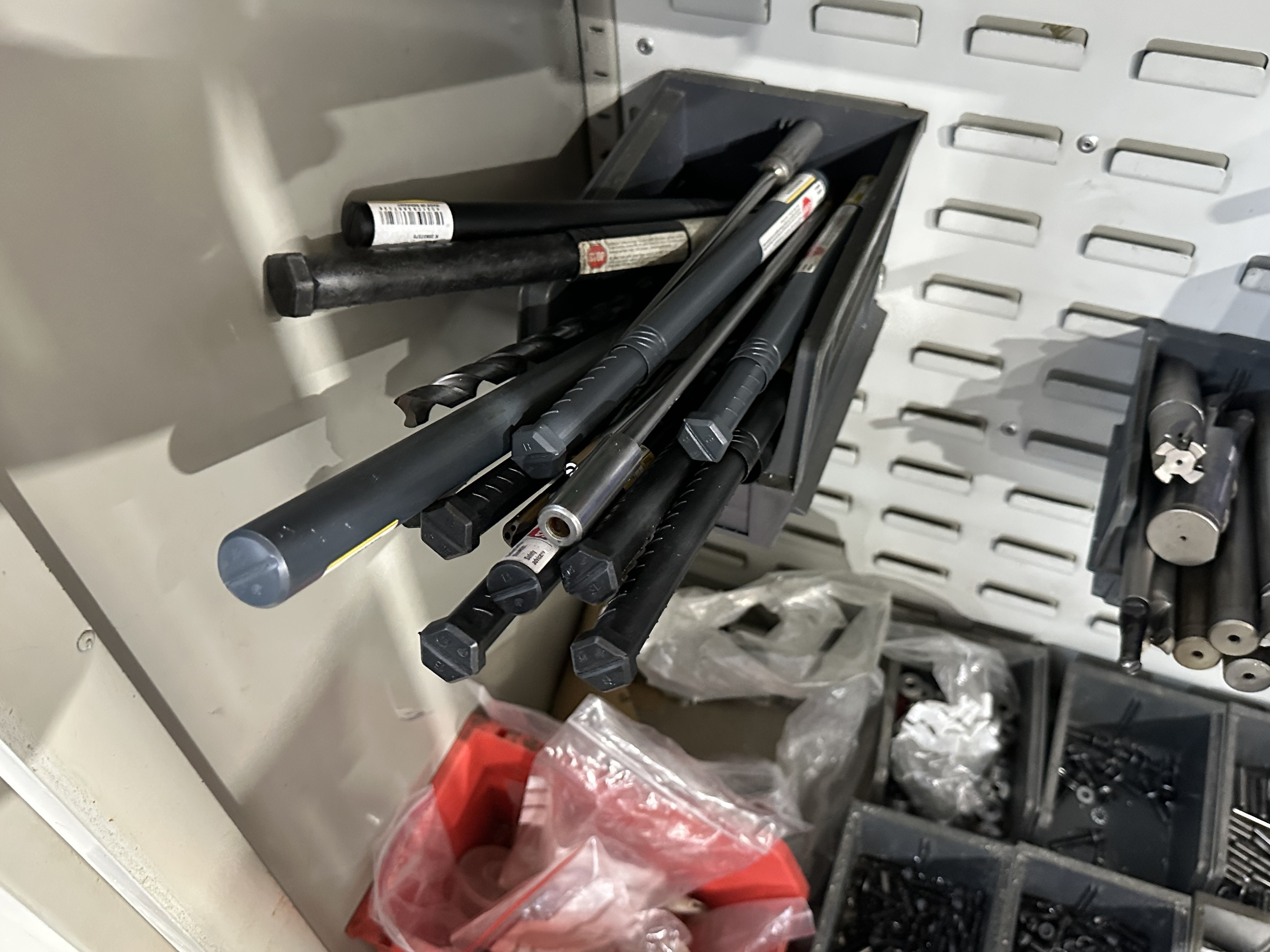 Various ER Collets, Drills & Cutters in 2 Door Cabinet