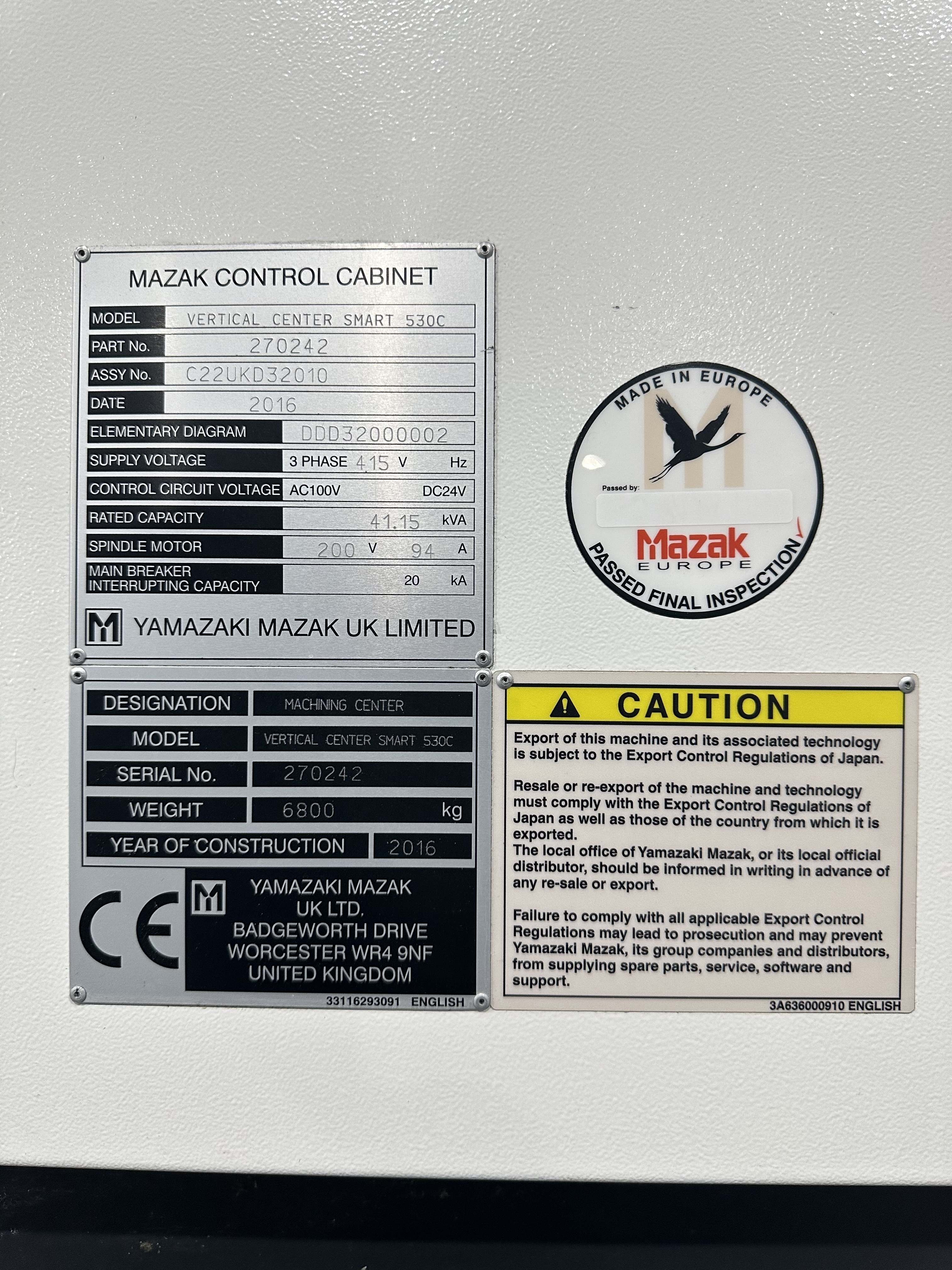 Mazak Vertical Centre Smart 530C Machining Centre. (2016)