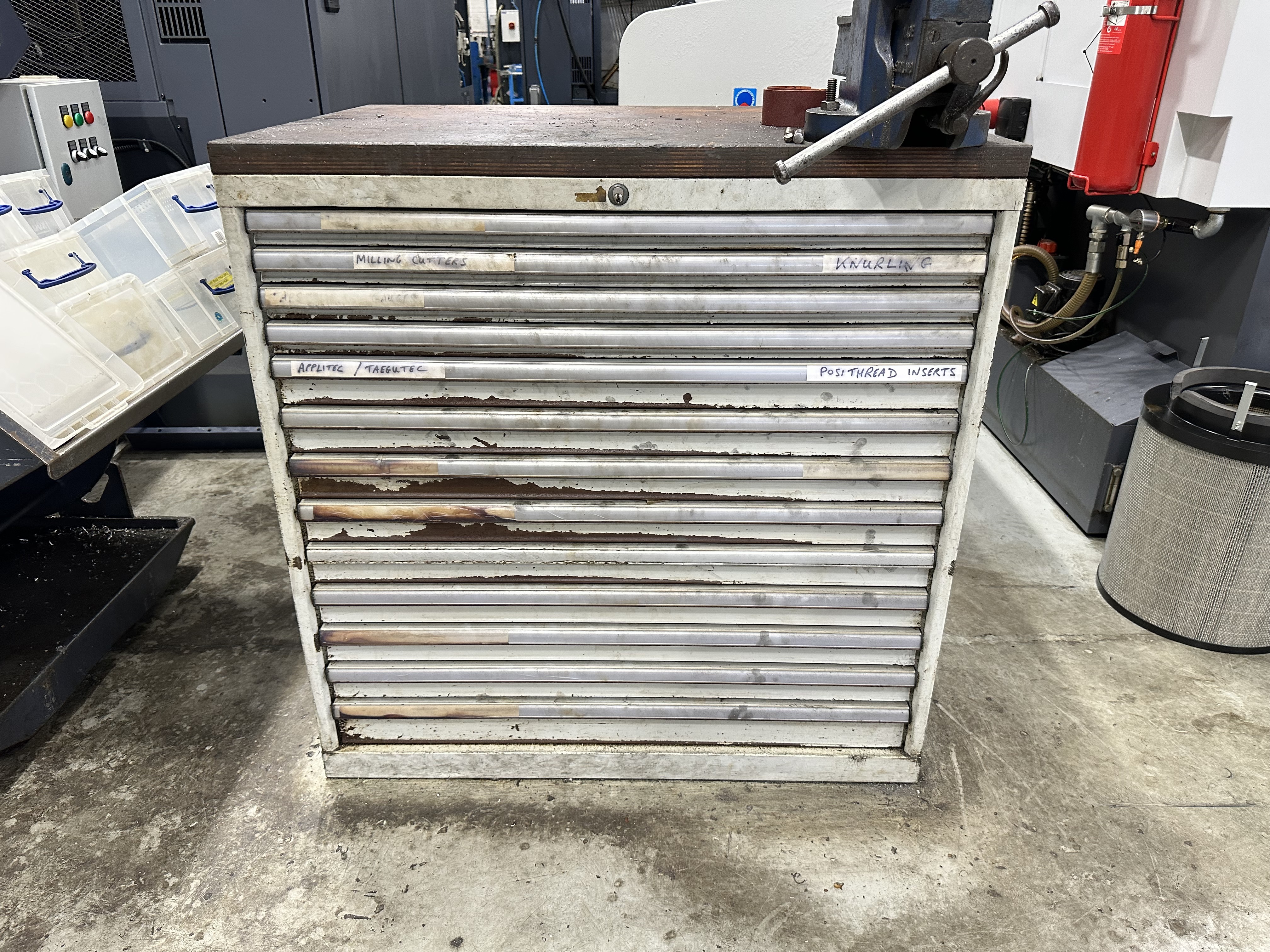 13 Drawer Cabinet with Record No. 24 Vice filled with Various Cutters, Inserts & Drills