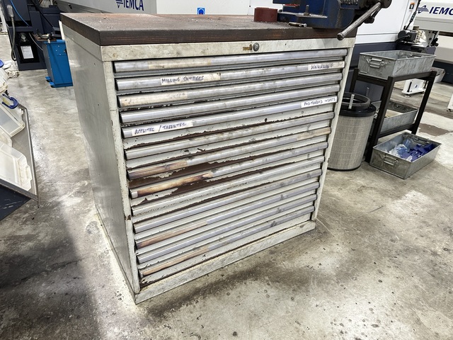 13 Drawer Cabinet with Record No. 24 Vice filled with Various Cutters, Inserts & Drills