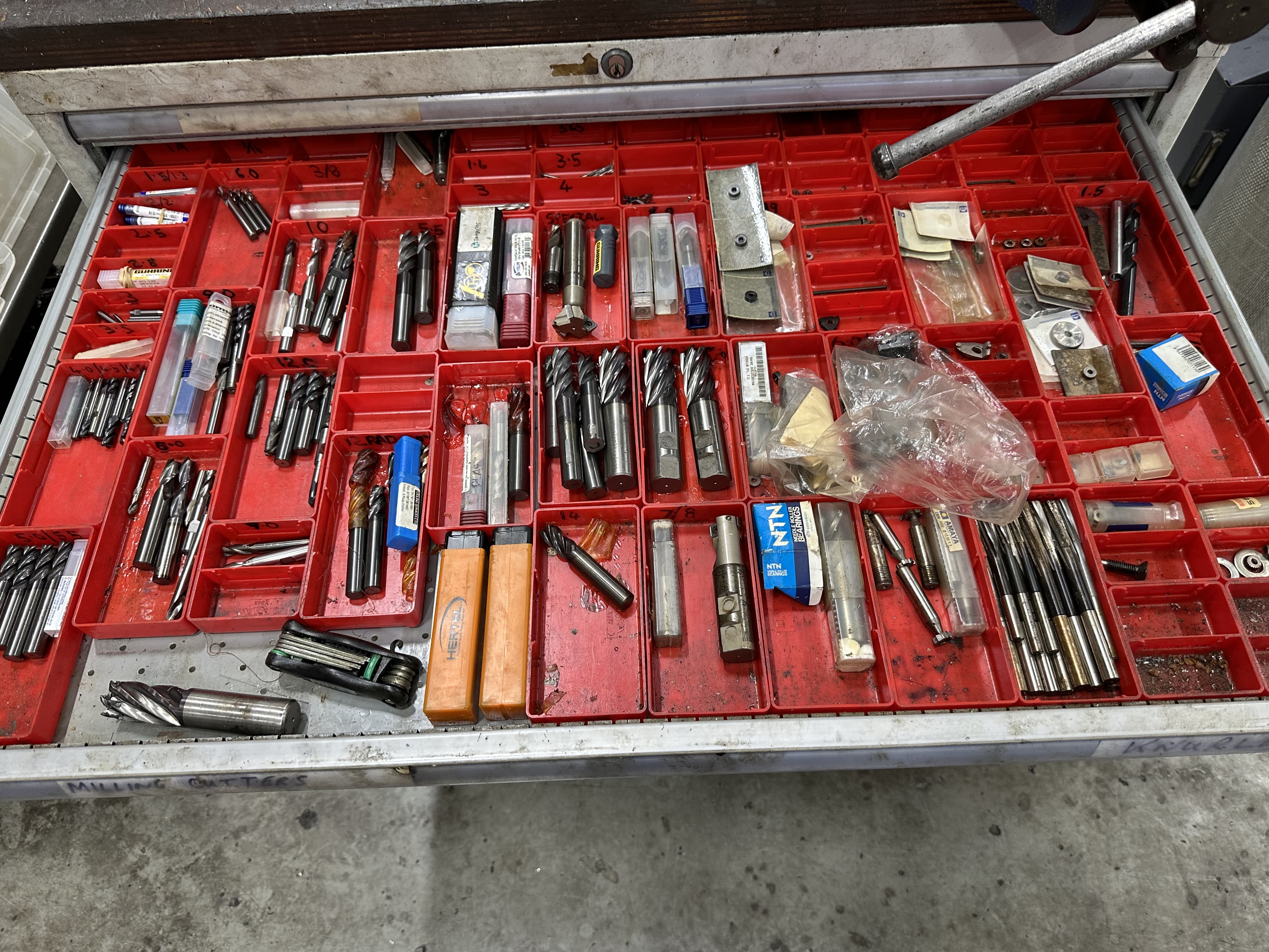 13 Drawer Cabinet with Record No. 24 Vice filled with Various Cutters, Inserts & Drills