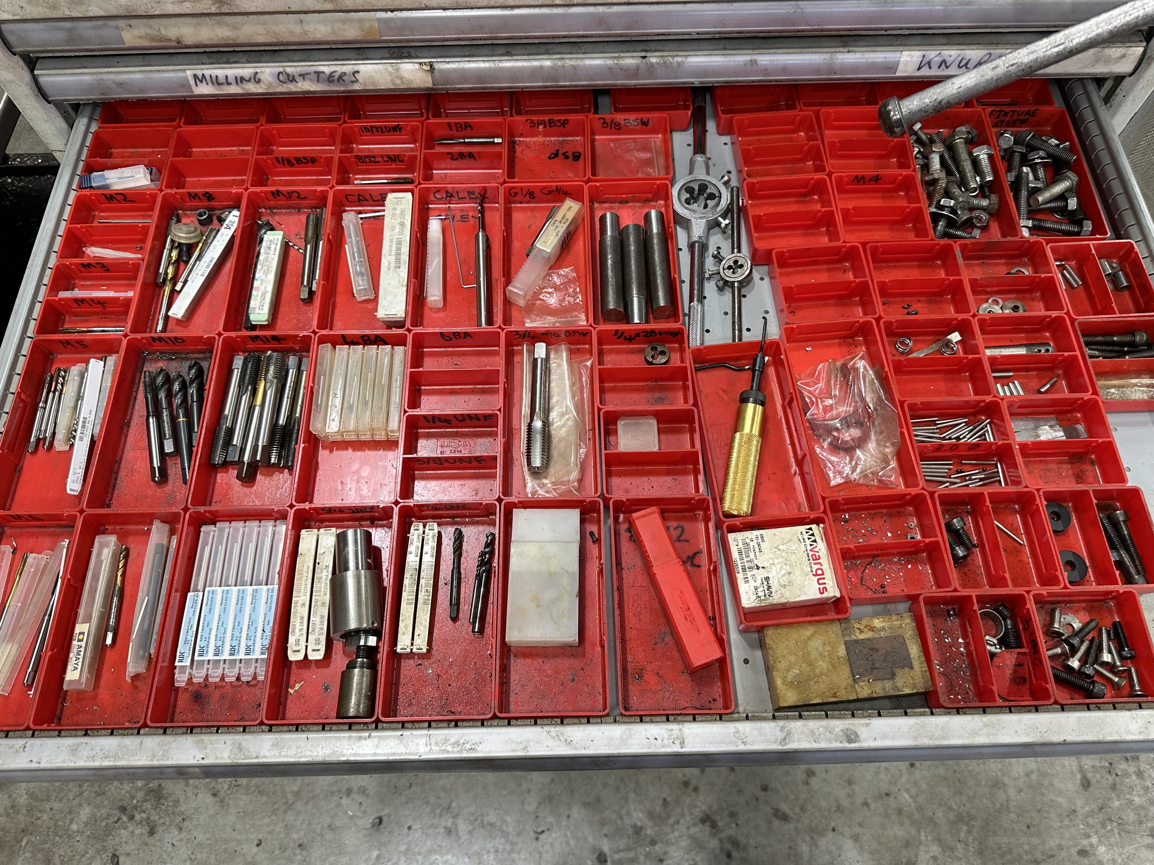 13 Drawer Cabinet with Record No. 24 Vice filled with Various Cutters, Inserts & Drills