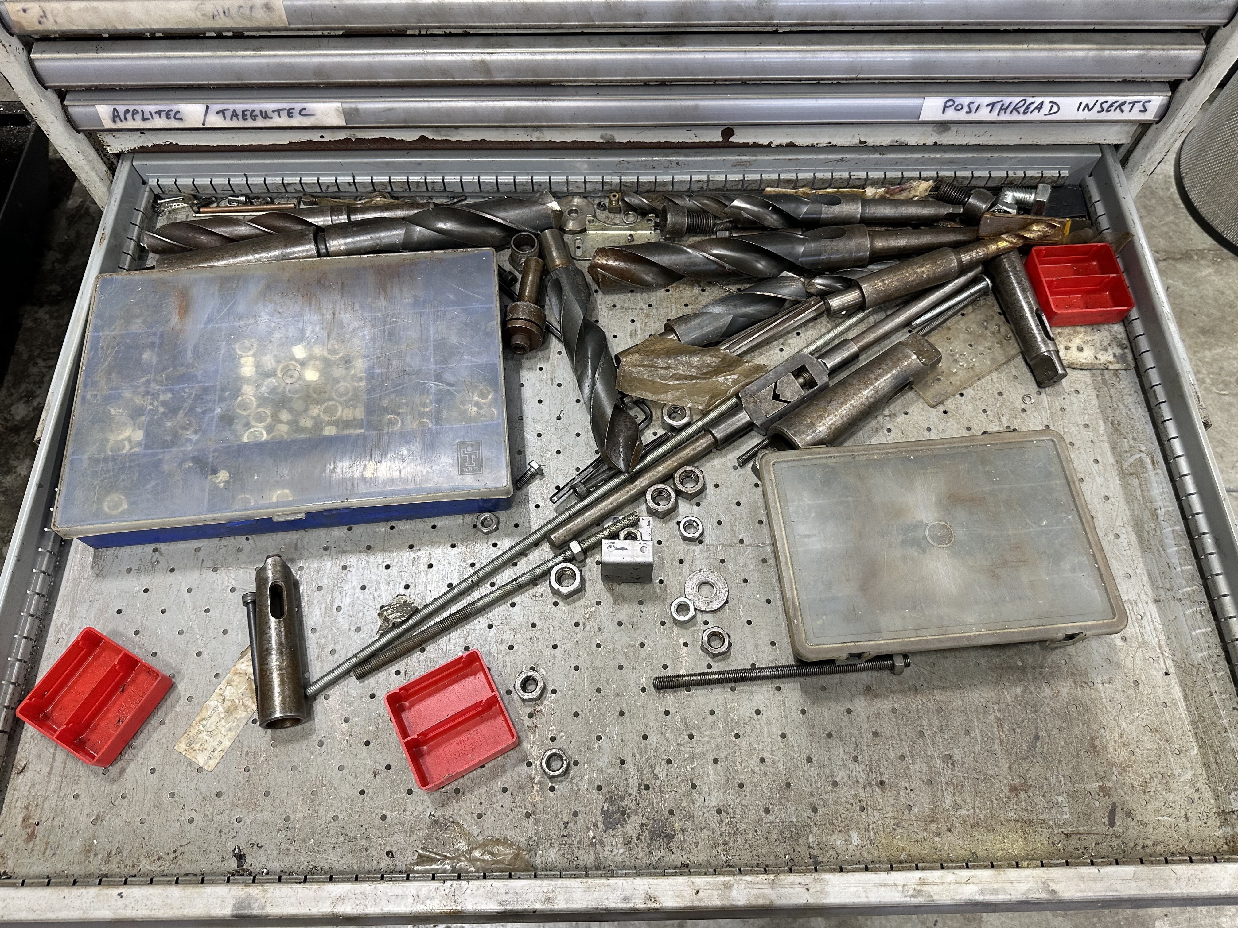 13 Drawer Cabinet with Record No. 24 Vice filled with Various Cutters, Inserts & Drills