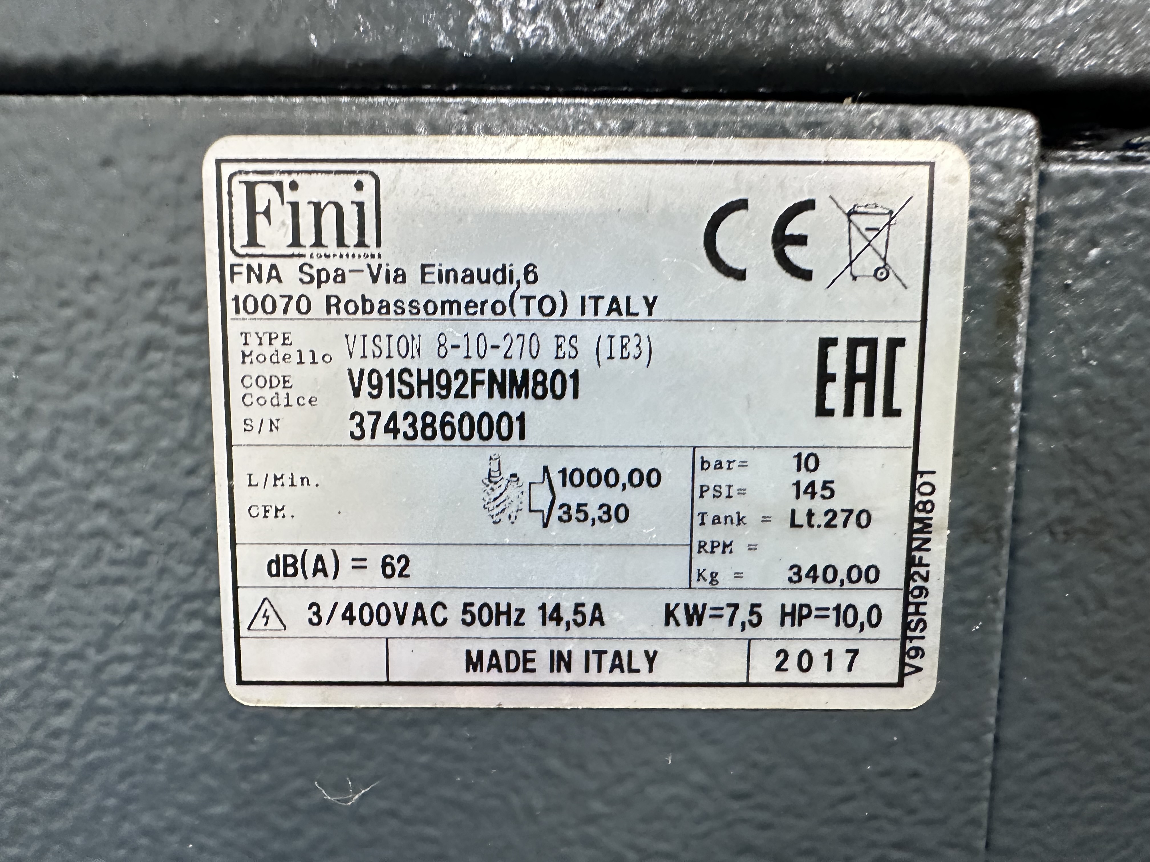 Fini Industrial Vision 8 - 10 -270 ES Air Compressor (2017) 