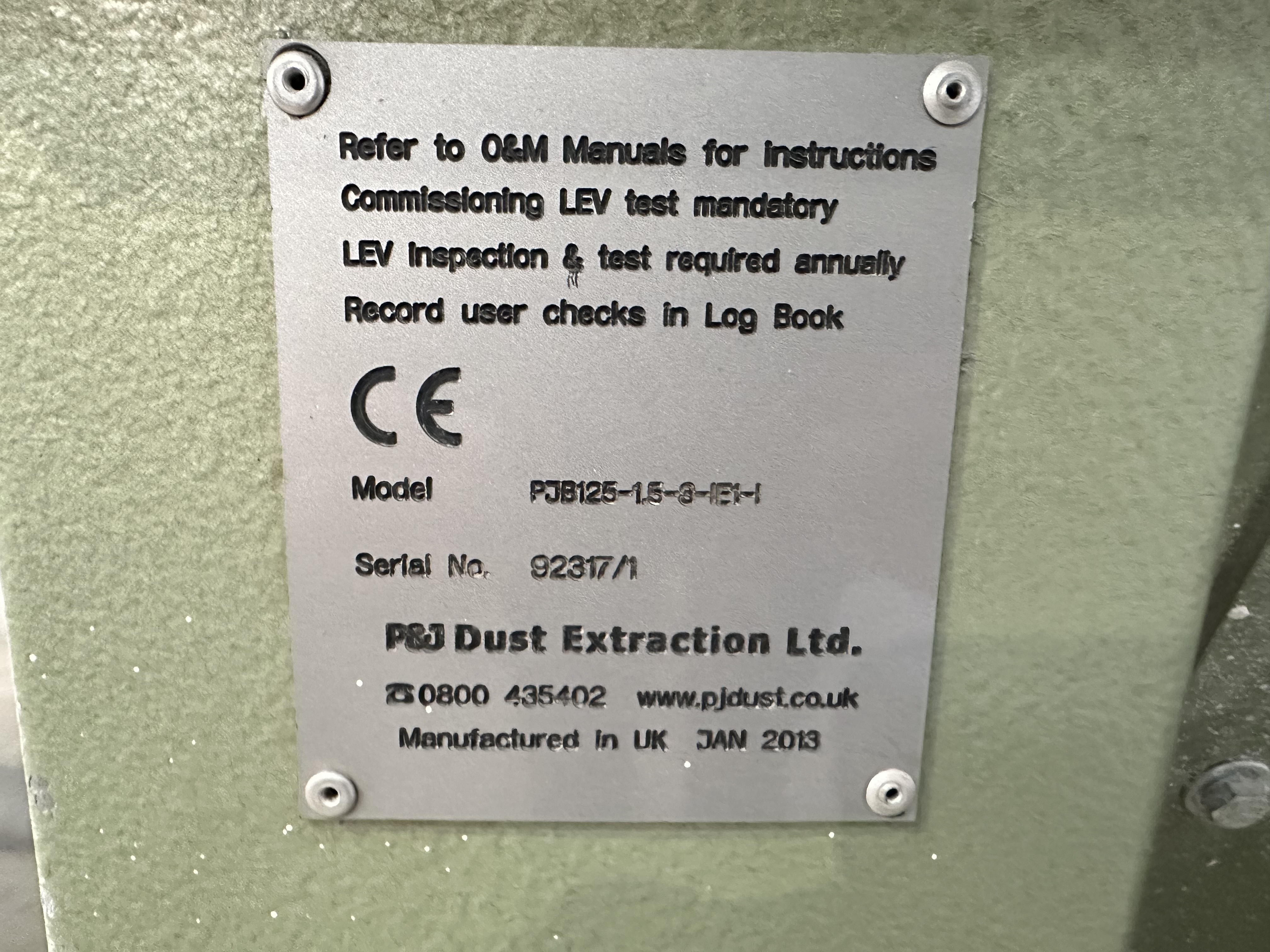 P&J Dust Extraction model PJB125-1.5-8-IEH dust extraction unit (2013)