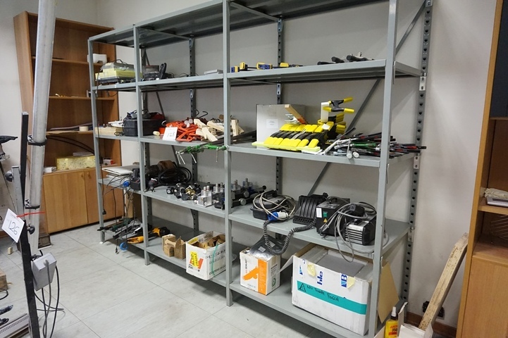 Rack with Qty Hand Tools, Clamps, Suckers, Staplers, Scales, Laser Infrared Thermometer, Glass Bonding Lamps