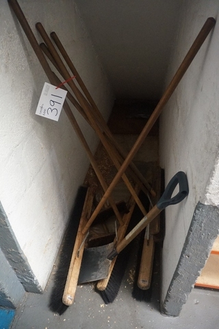 Qty of Assorted Brooms, Shovels, Hand Brushes