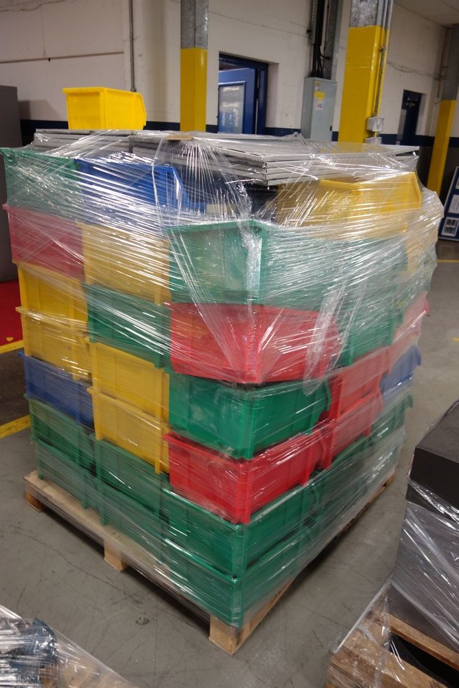 Approx 80 Plastic Tote Bins ; on Wooden Pallet
