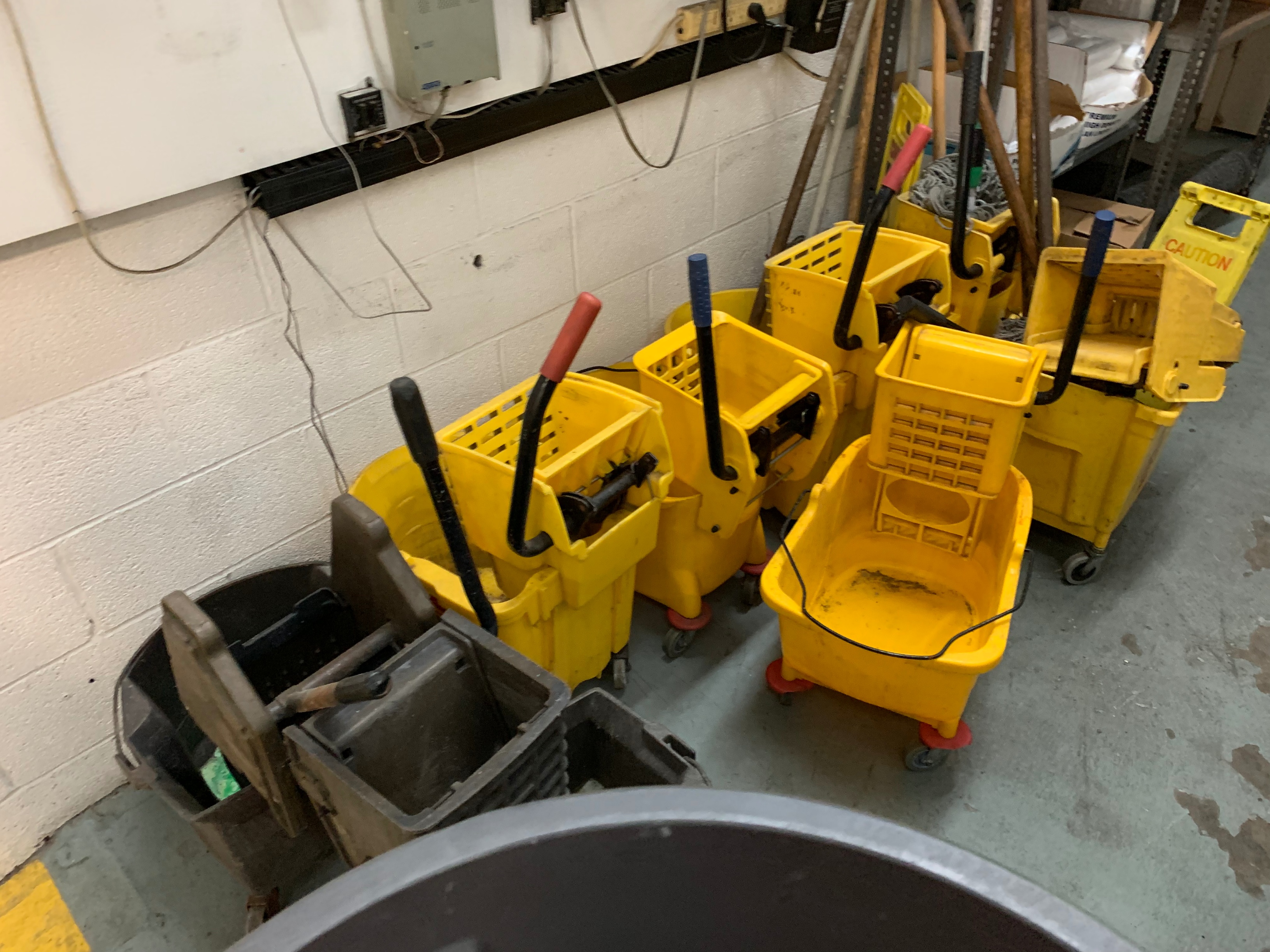 Large Lot of Janitorial Supplies Including Trash Cans, Mop Buckets