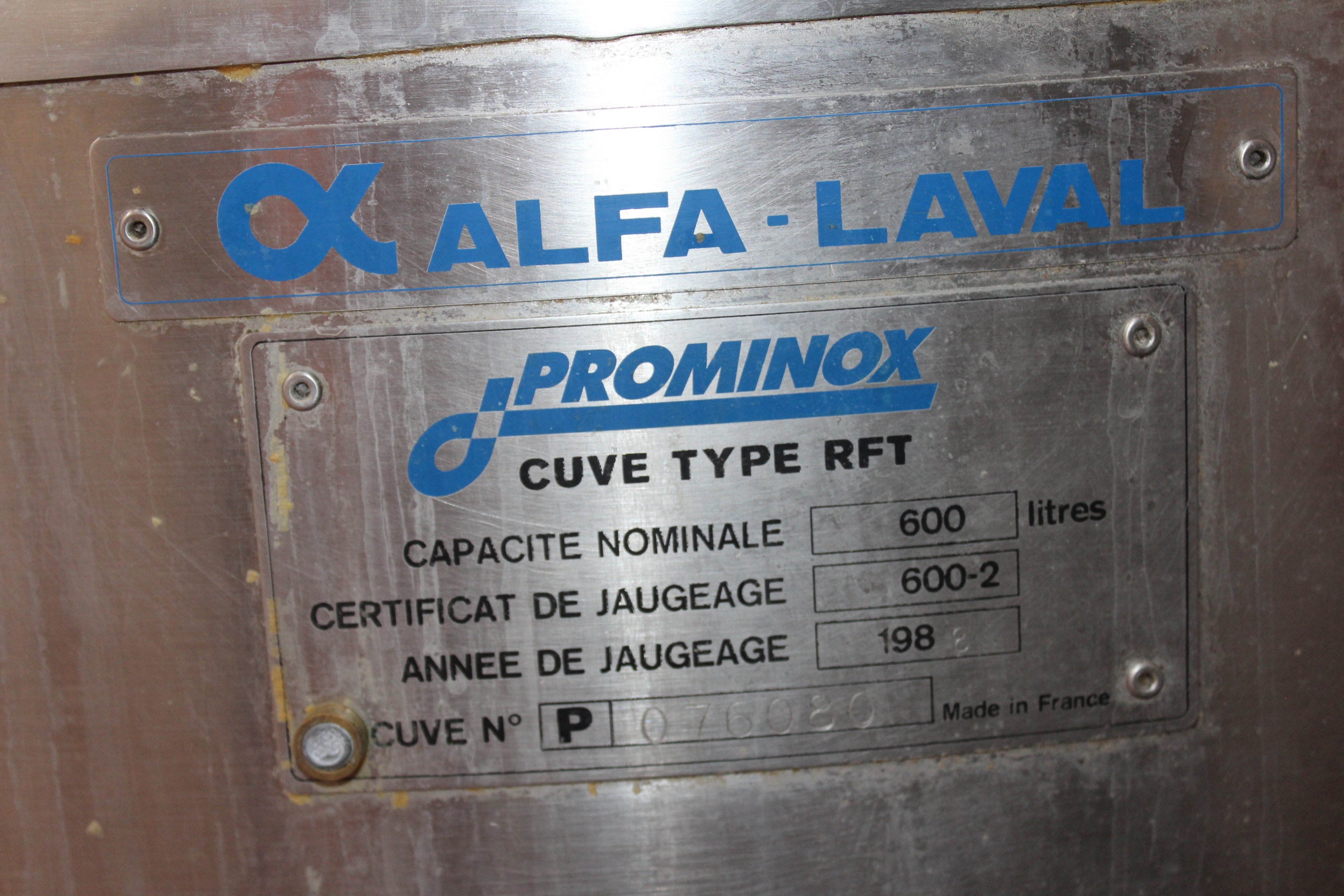 Alfa Laval Model Prominox Cuve RFT 600L Stainless Steel Mixing Tank