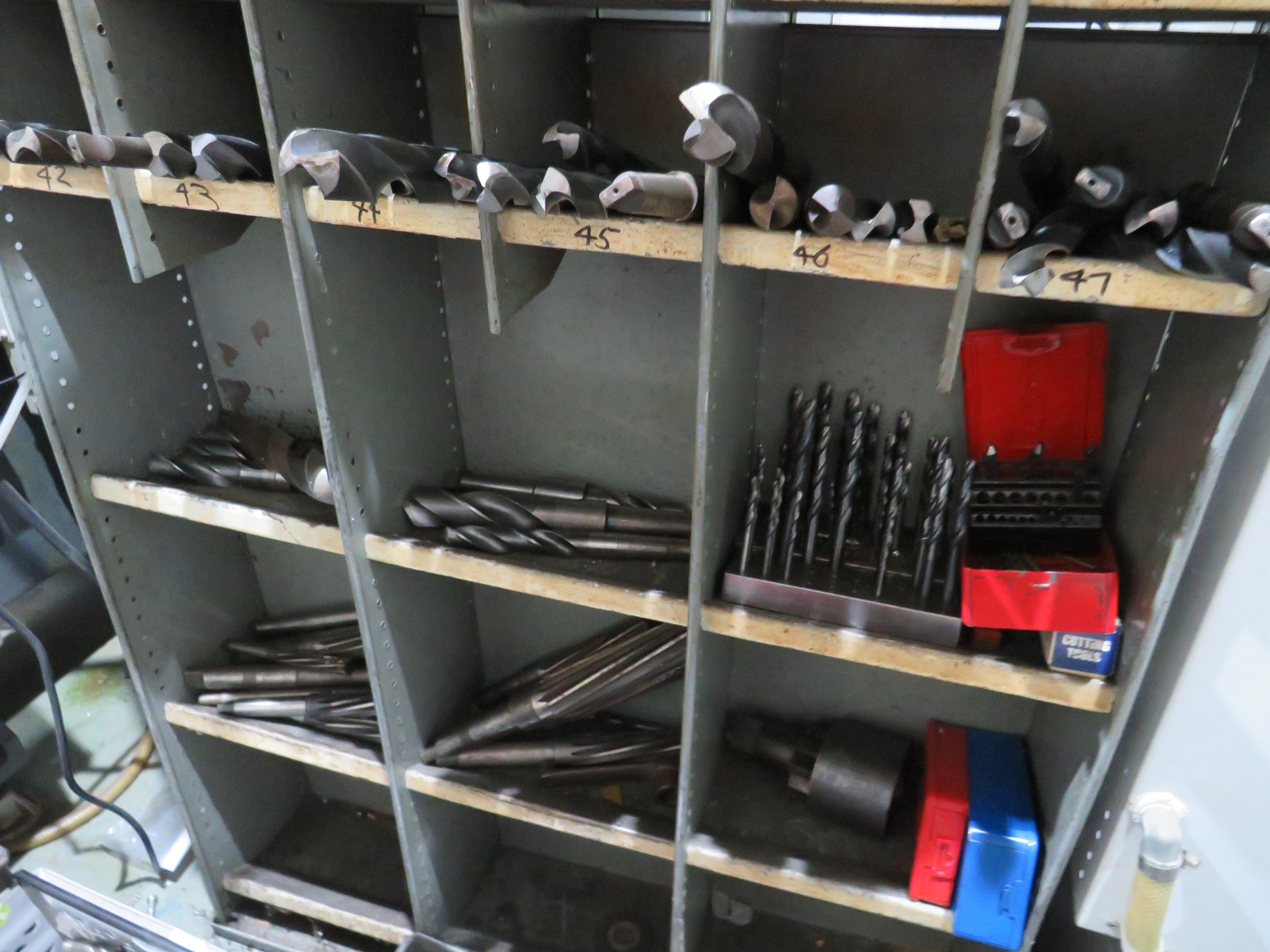 Rack with Large Qty of Drills, Reamers, Morse Taper Drills