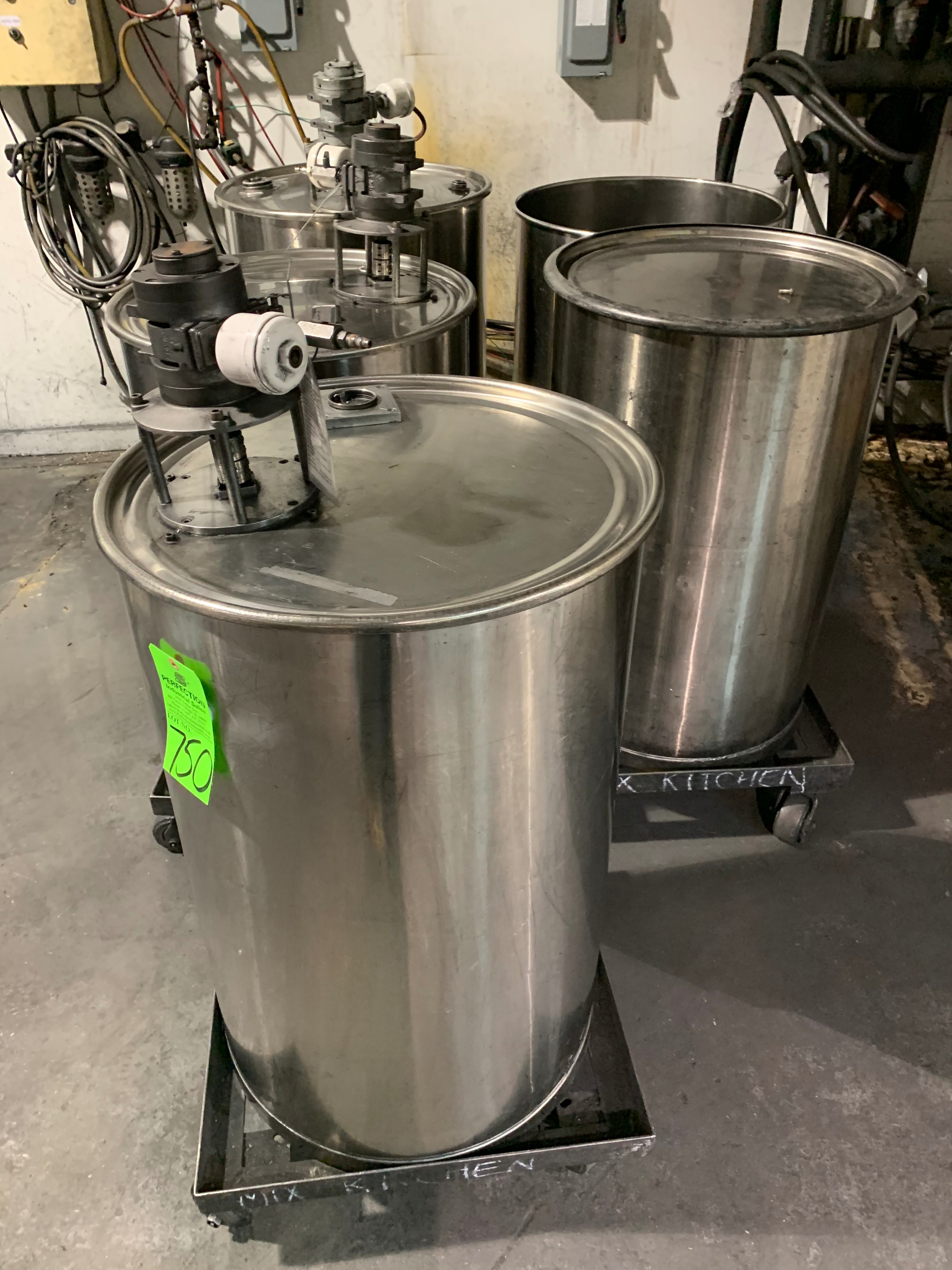 Lot of (5) Stainless Steel Mixing Drums w/ (3) Pneumatic Mixers