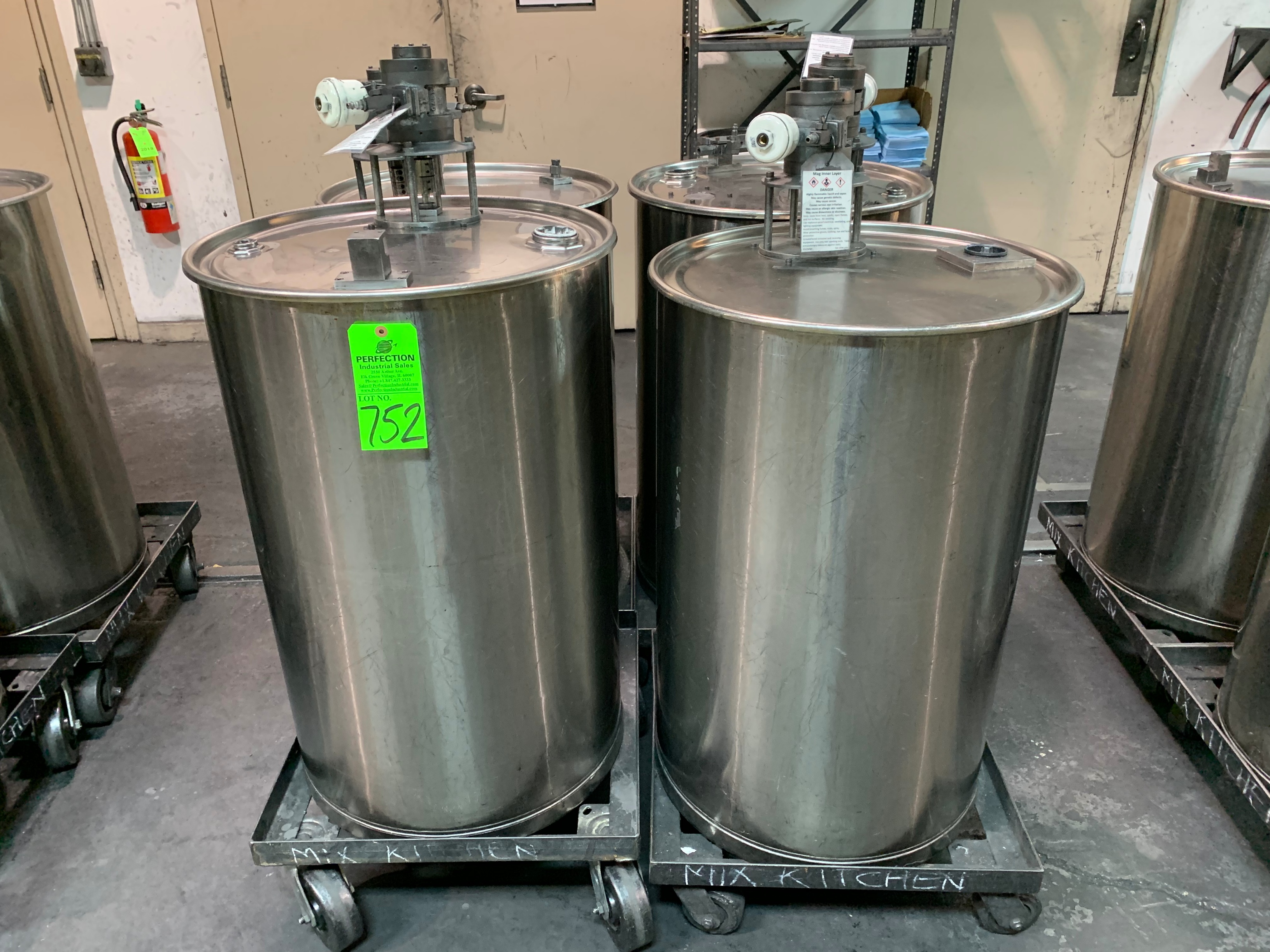 Lot of (4) Stainless Steel Mixing Drums w/ Pneumatic Mixers