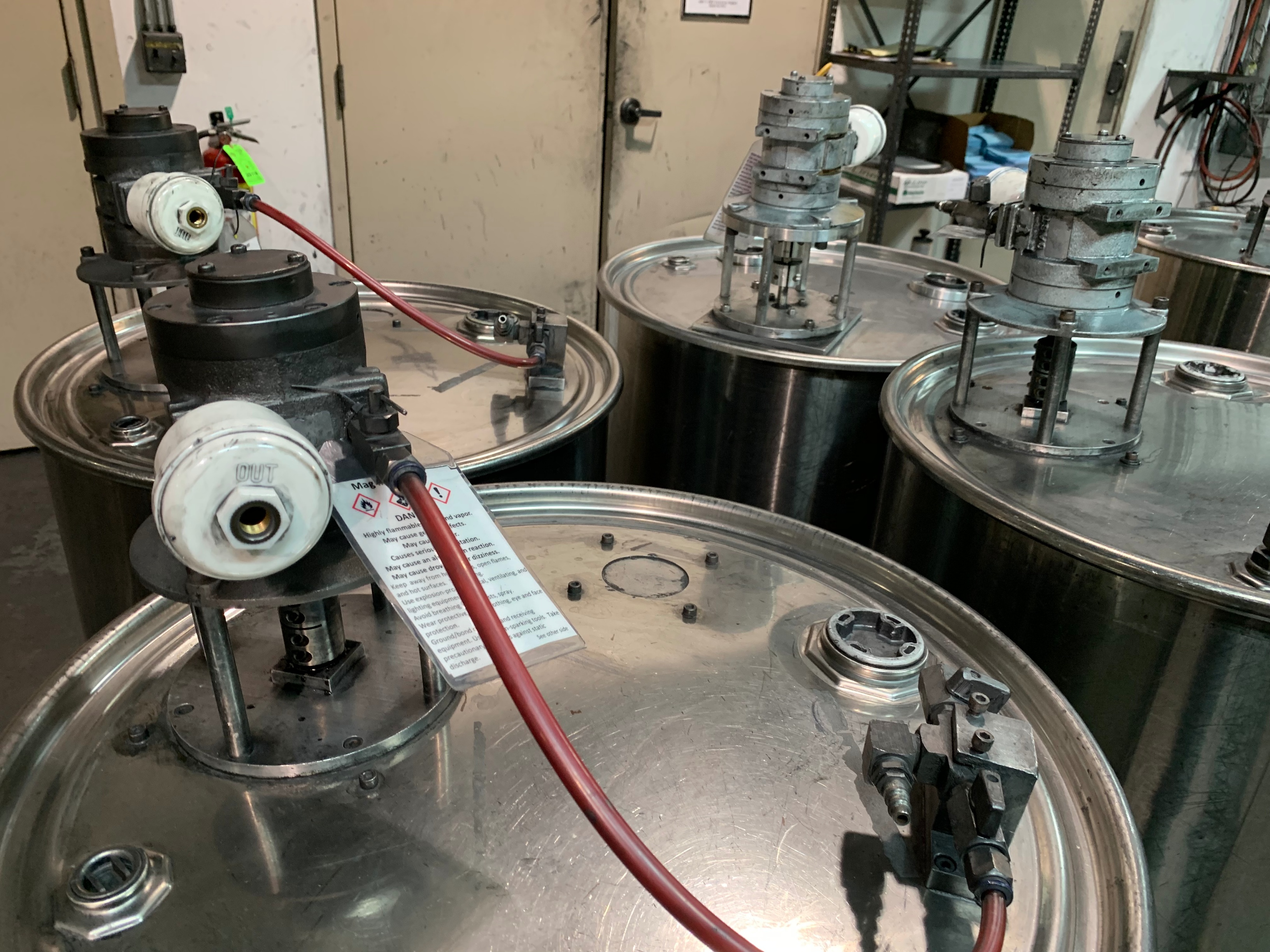 Lot of (4) Stainless Steel Mixing Drums w/ Pneumatic Mixers