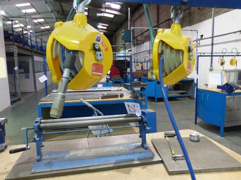 (4) Steel Framed Benches, (3) Vices, and (4) Universal Air Tool Balancers